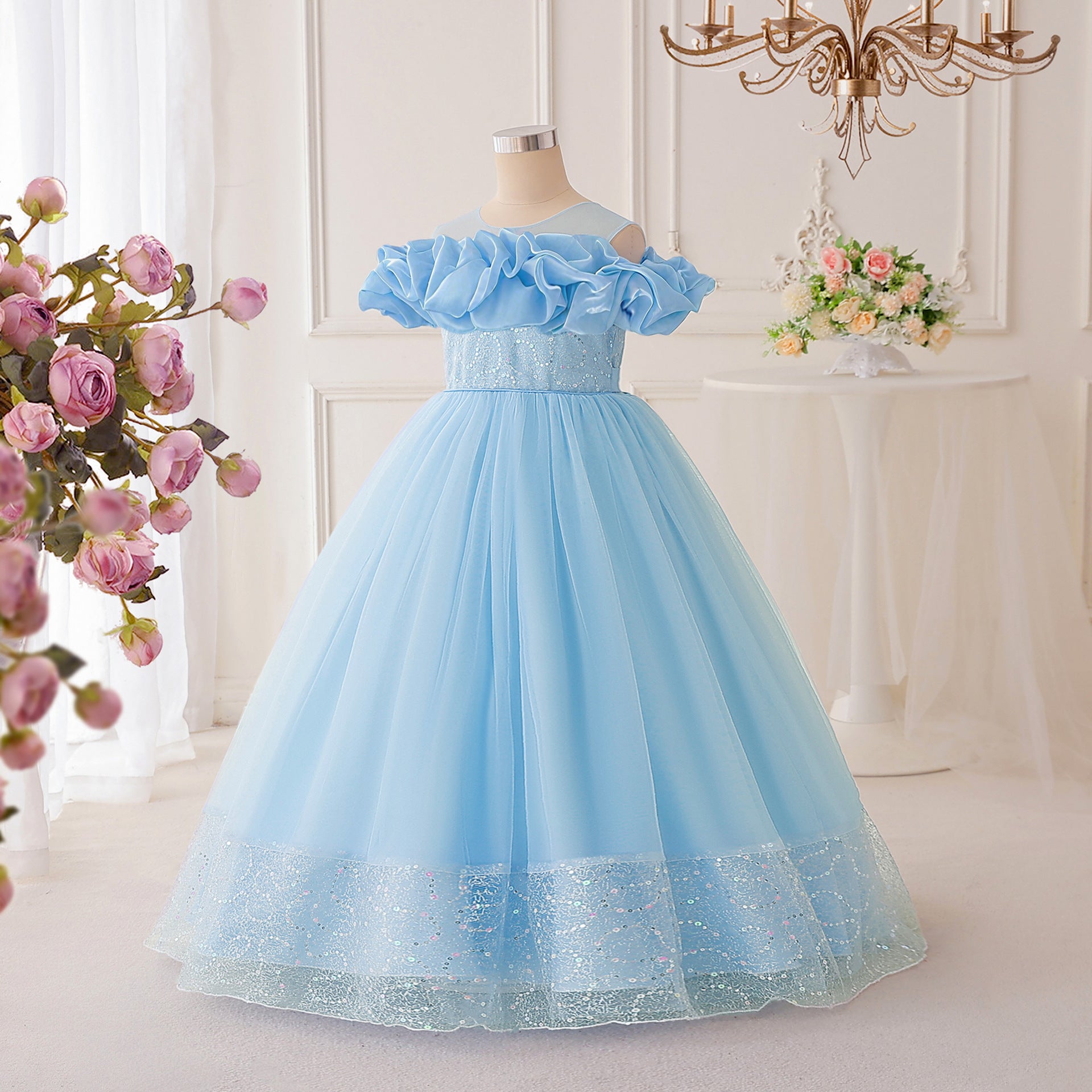 Sparkly Off-Shoulder Tulle Maxi Dress for Girls | Sequined Formal Party Gown