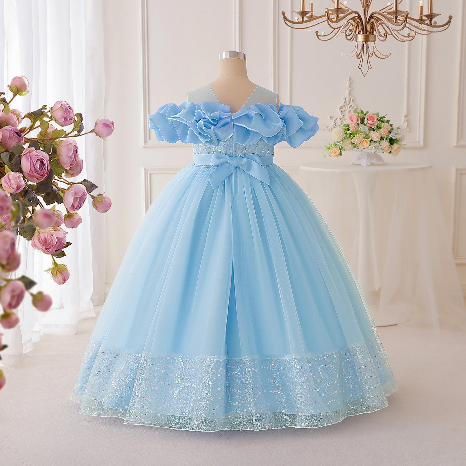 Sparkly Off-Shoulder Tulle Maxi Dress for Girls | Sequined Formal Party Gown