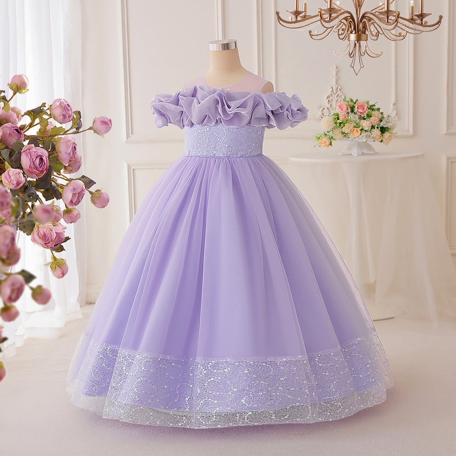 Sparkly Off-Shoulder Tulle Maxi Dress for Girls | Sequined Formal Party Gown