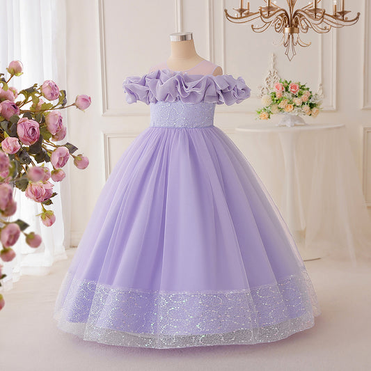 Sparkly Off-Shoulder Tulle Maxi Dress for Girls | Sequined Formal Party Gown