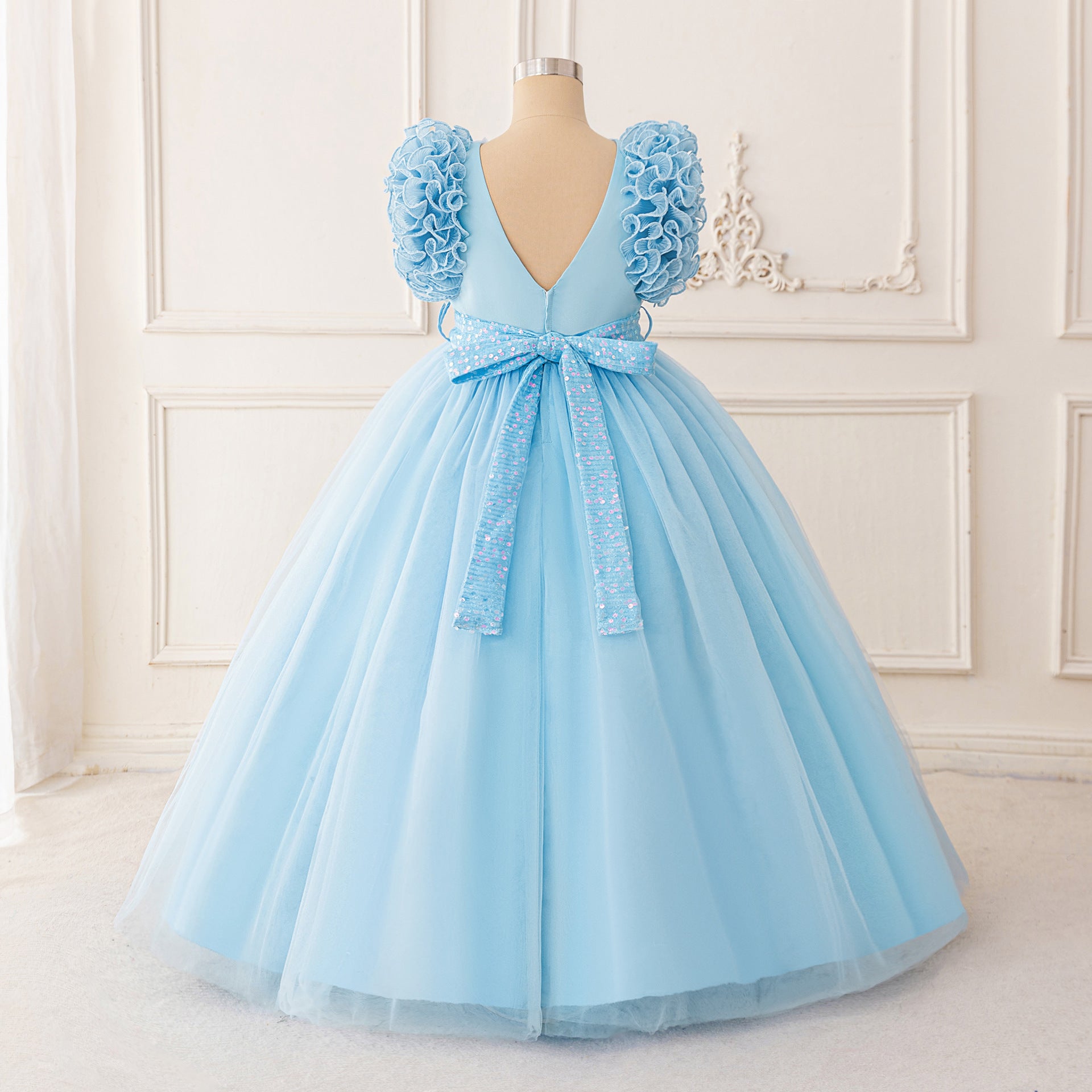 Sparkly Puffy V-Neck Ball Gown for Girls | Floor-Length Princess Dress