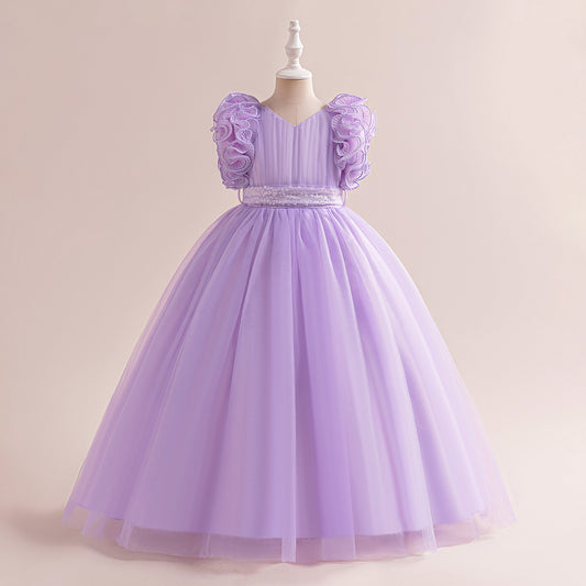 Sparkly Puffy V-Neck Ball Gown for Girls | Floor-Length Princess Dress