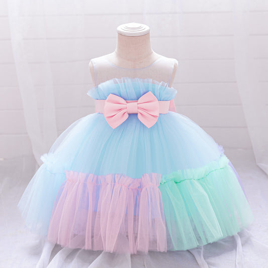 Sweetheart Neck A-Line Tulle Princess Dress for Girls | Tiered Skirt & Bowknot