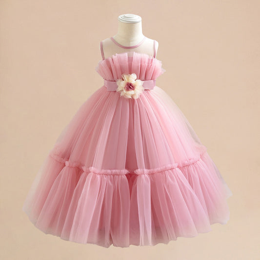 Light Pink Toddler Tulle Maxi Dress with Flowers – Cute Party & Flower Girl Gown