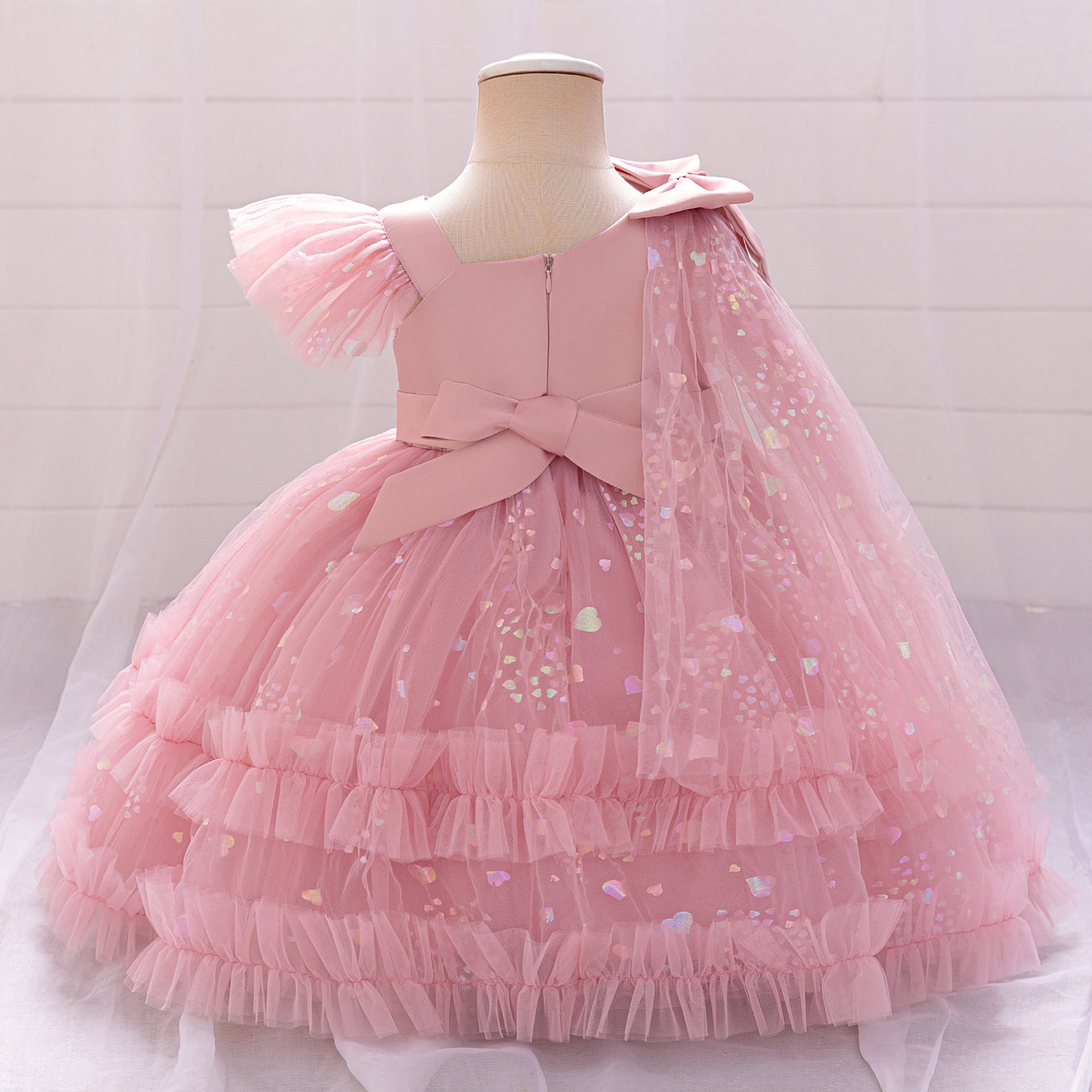 Tea Length Puffy Tulle Dress for Girls, Bow & Sequin Flower Girl Outfit
