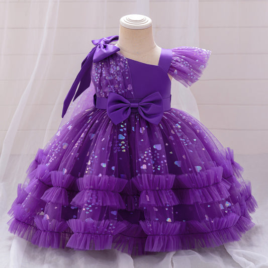 Tea Length Puffy Tulle Dress for Girls, Bow & Sequin Flower Girl Outfit