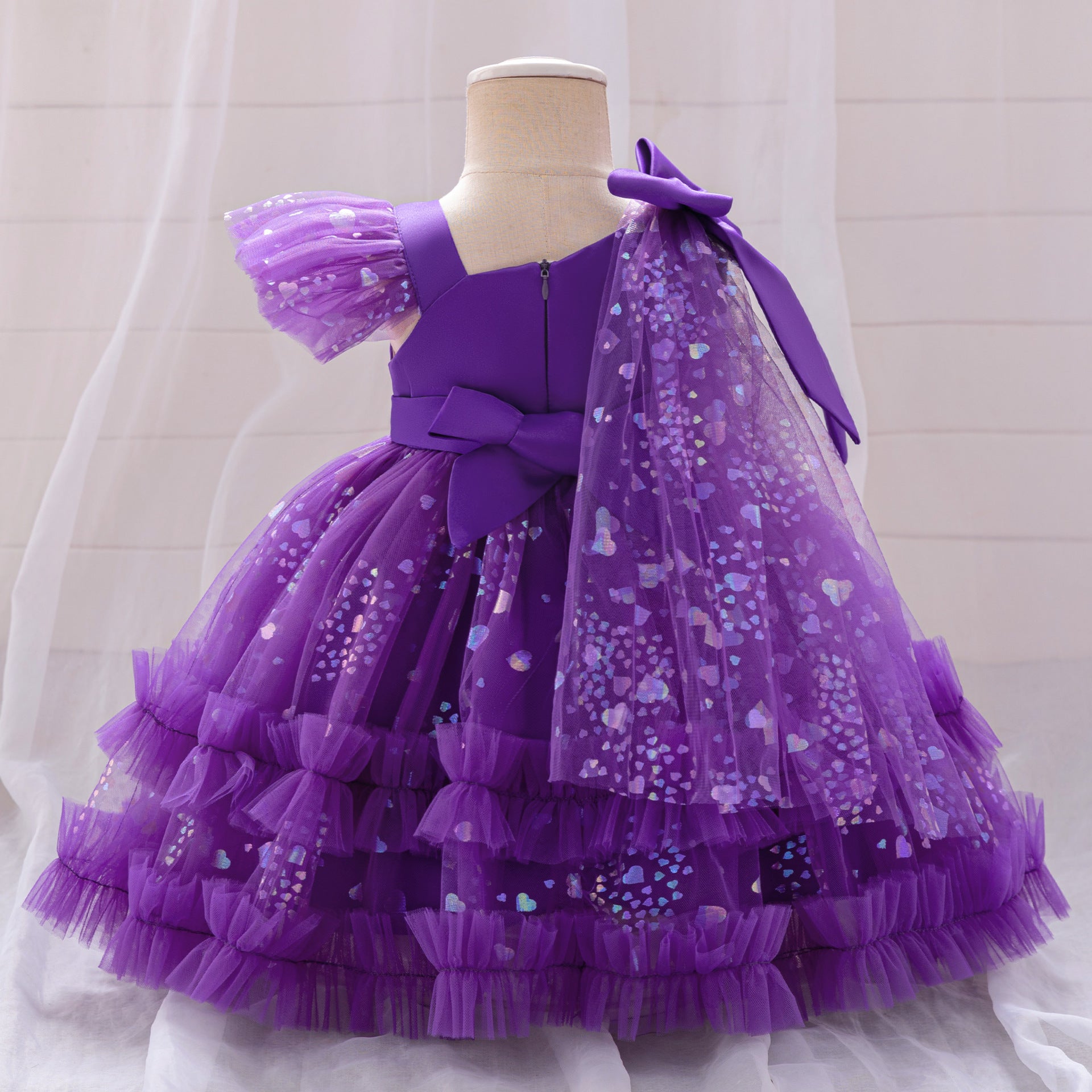 Tea Length Puffy Tulle Dress for Girls, Bow & Sequin Flower Girl Outfit