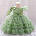 Tea Length Puffy Tulle Flower Girl Dress with Bow and Sequins