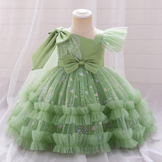Tea Length Puffy Tulle Dress for Girls, Bow & Sequin Flower Girl Outfit