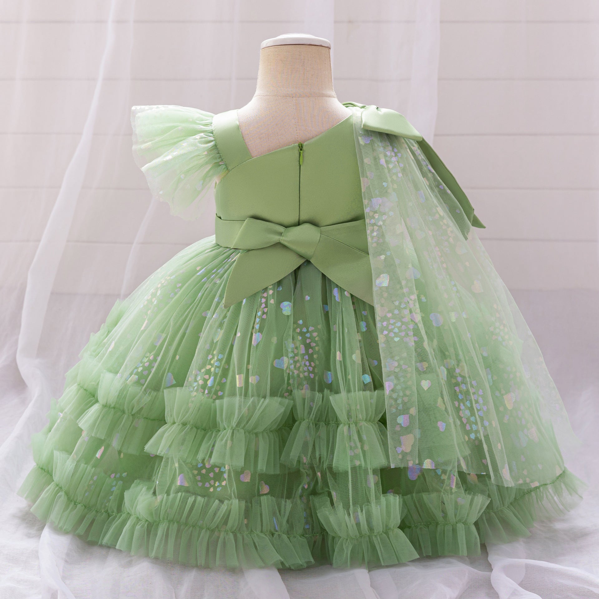 Tea Length Puffy Tulle Dress for Girls, Bow & Sequin Flower Girl Outfit