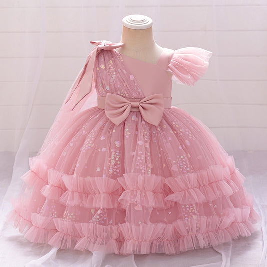 Tea Length Puffy Tulle Dress for Girls, Bow & Sequin Flower Girl Outfit