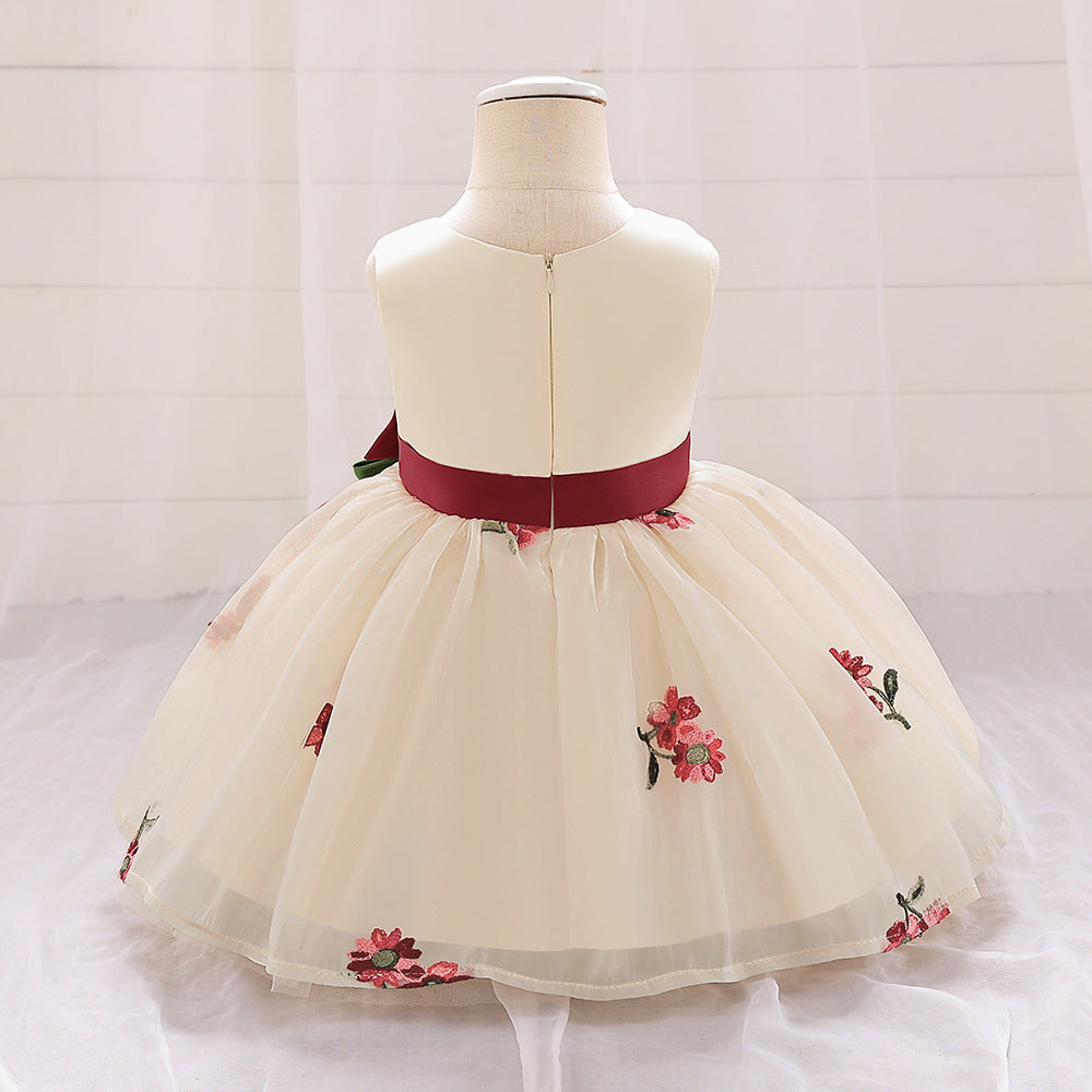 Cute Satin Tulle Embroidered Flower Girl Baby Dress - Tea Length Party Gown 9-24M