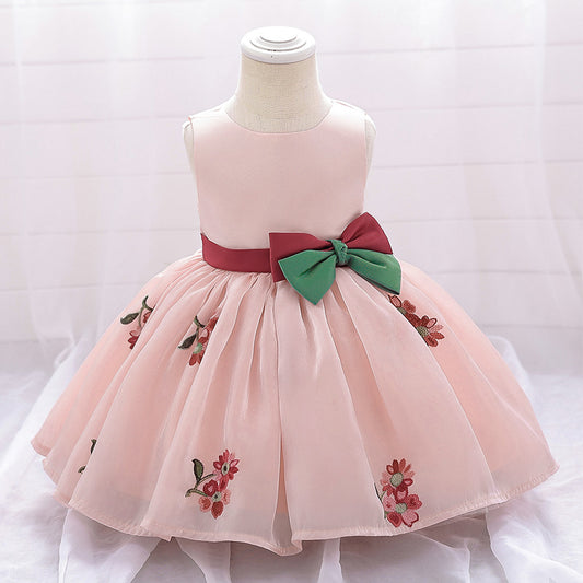 Cute Satin Tulle Embroidered Flower Girl Baby Dress - Tea Length Party Gown 9-24M