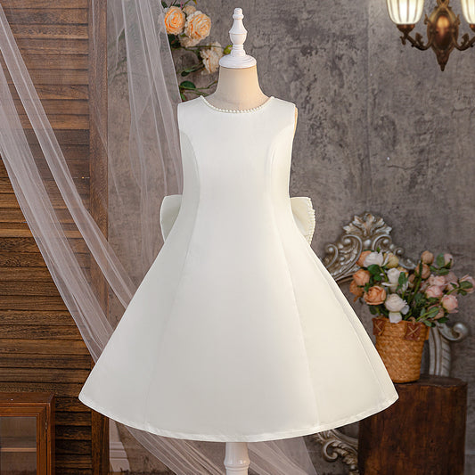 White A-Line Flower Girl Dress – Satin Princess Dress with Bows & Ruffles