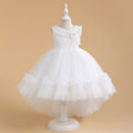 White High-Low Puffy Tulle Flower Girl Dress with Applique and Sequins