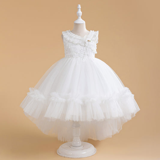 White Puffy Tulle Flower Girl Dress – High-Low Ball Gown for Parties & Weddings