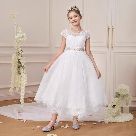 White Lace Tea Length Princess Dress for Girls – Party & Formal Occasions