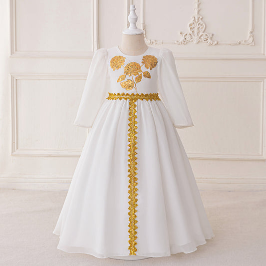 White Sequin Lace Maxi Princess Dress for Girls – Long Sleeve Formal Gown, Ages 3-8