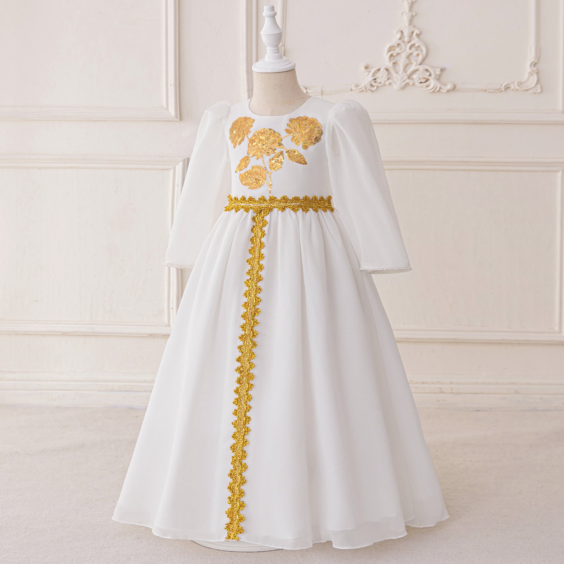 White Sequin Lace Maxi Princess Dress for Girls – Long Sleeve Formal Gown, Ages 3-8