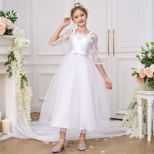White A-Line Off-Shoulder Tulle Dress for Girls | Flower Girl & Party Wear