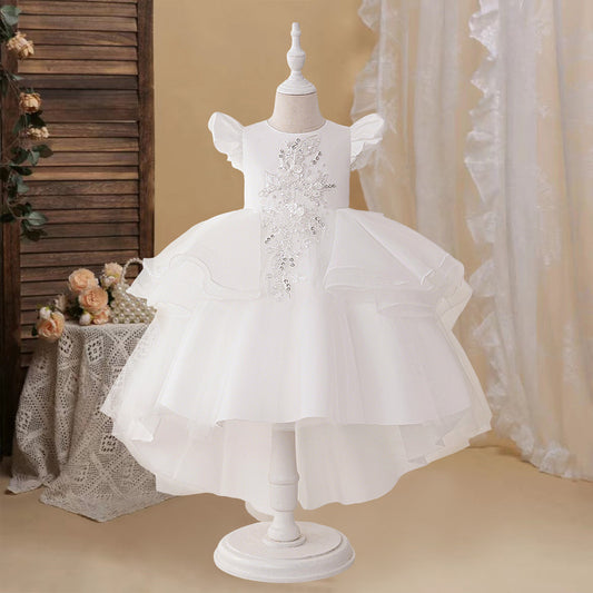 Cute White Satin Puffy High-Low Dress with Sequins for Girls (Ages 3-10)