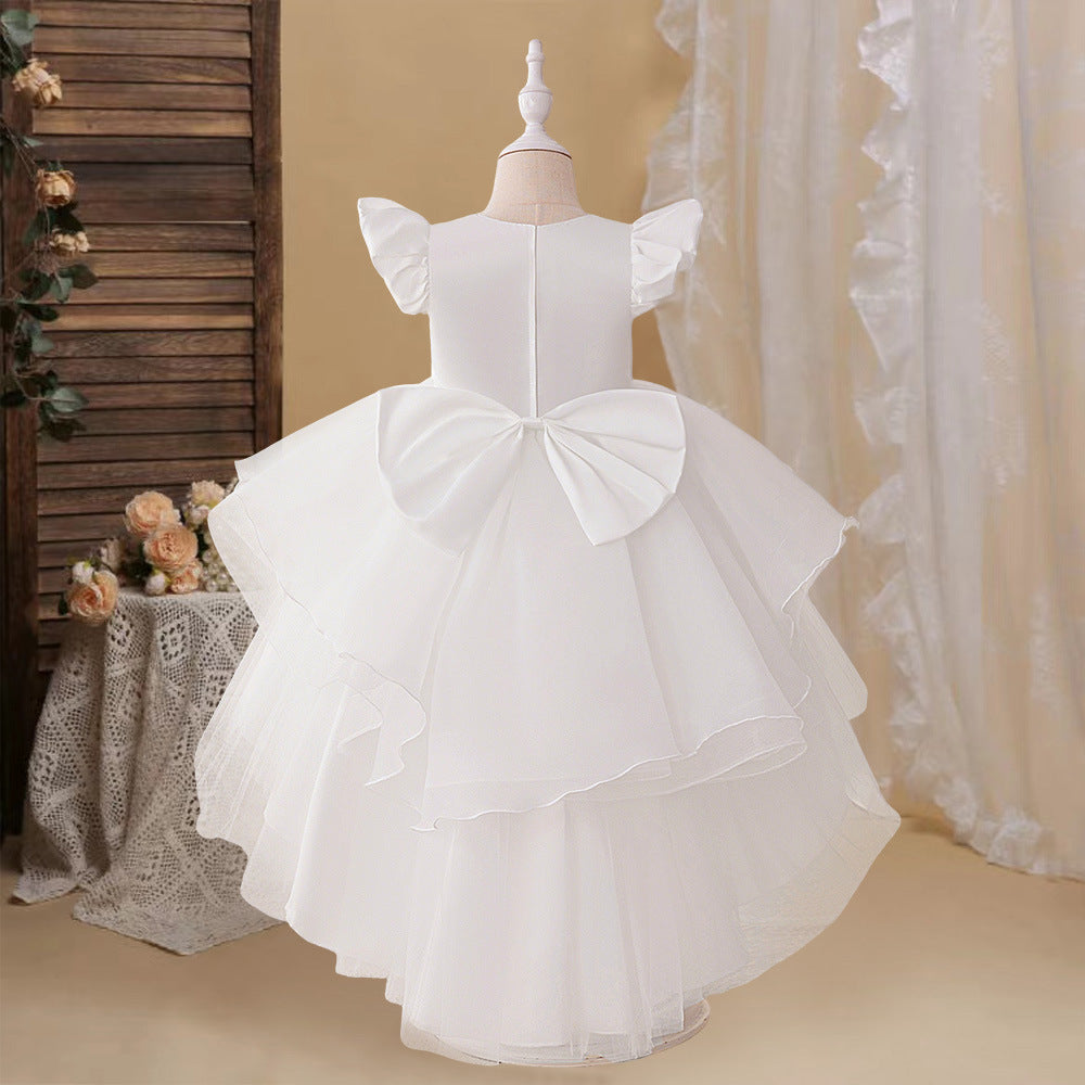 Cute White Satin Puffy High-Low Dress with Sequins for Girls (Ages 3-10)