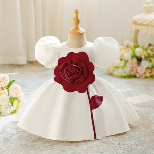 White Satin Tea Length Princess Dress for Baby Girls - Puffy Sleeves & Ruffle Embellishments