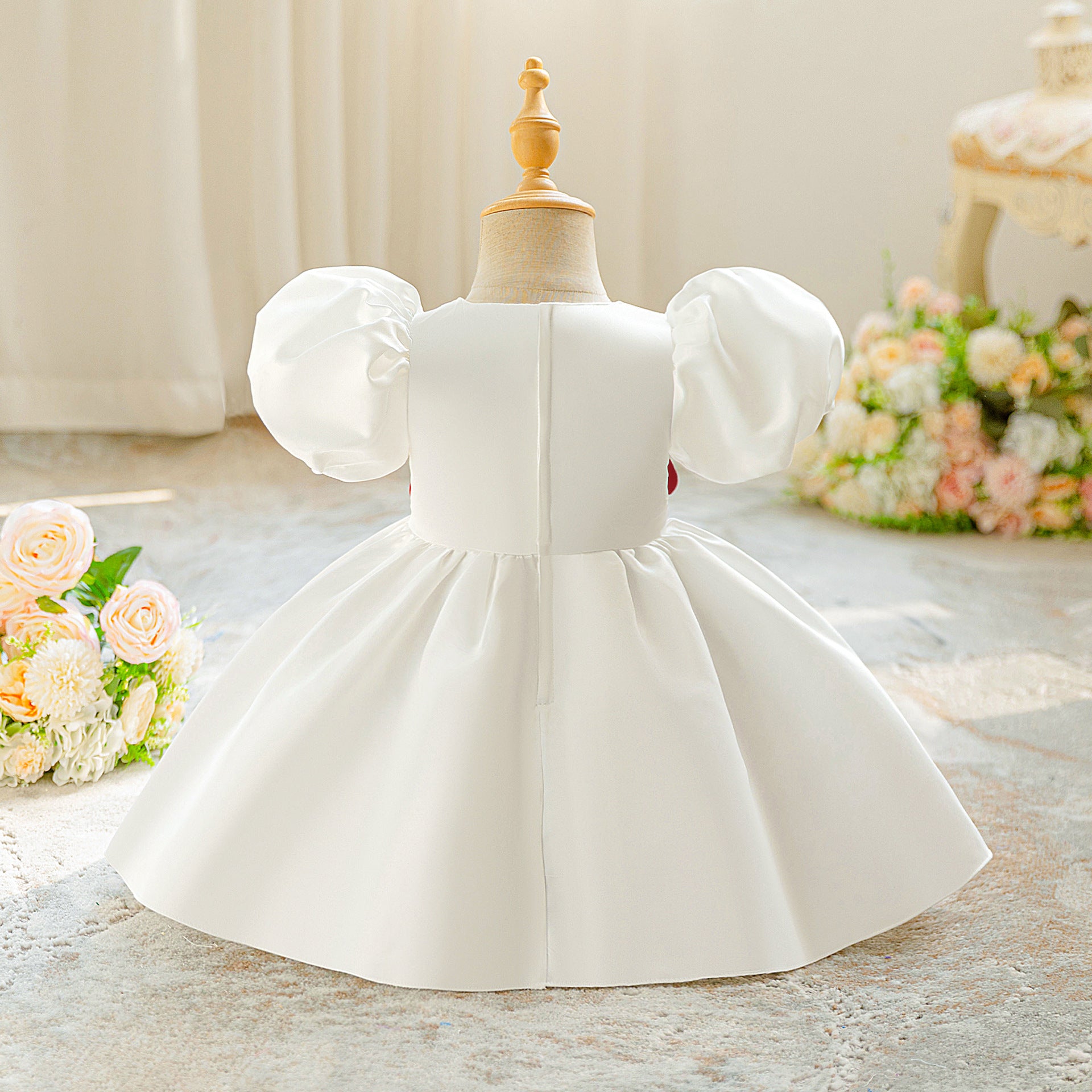 White Satin Tea Length Princess Dress for Baby Girls - Puffy Sleeves & Ruffle Embellishments