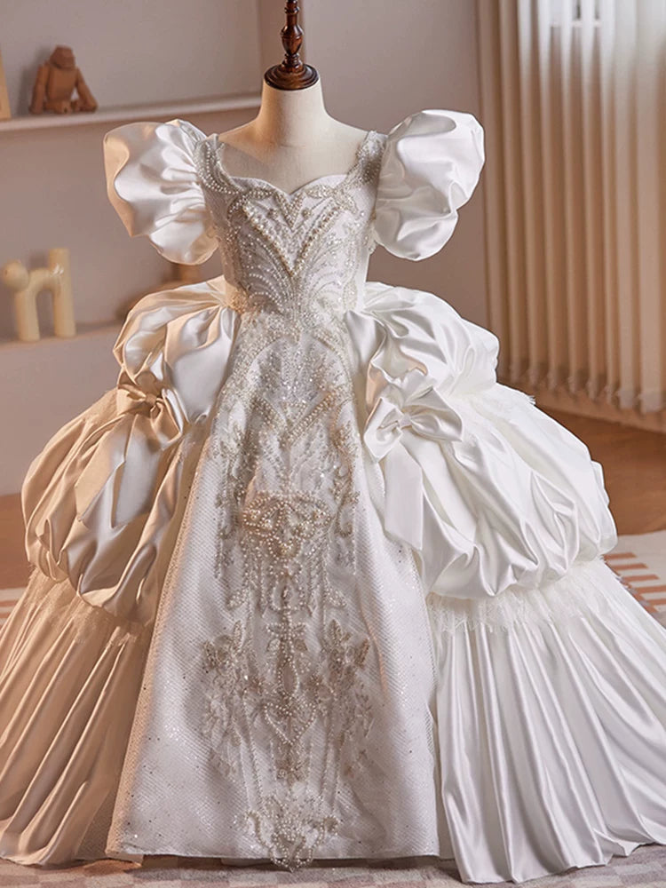 White Satin Tiered Maxi Dress for Girls with Sequins - Party & Formal Gown