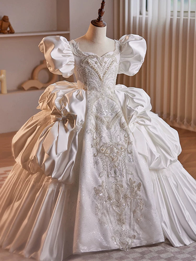 White Satin Tiered Maxi Dress for Girls with Sequins - Party & Formal Gown