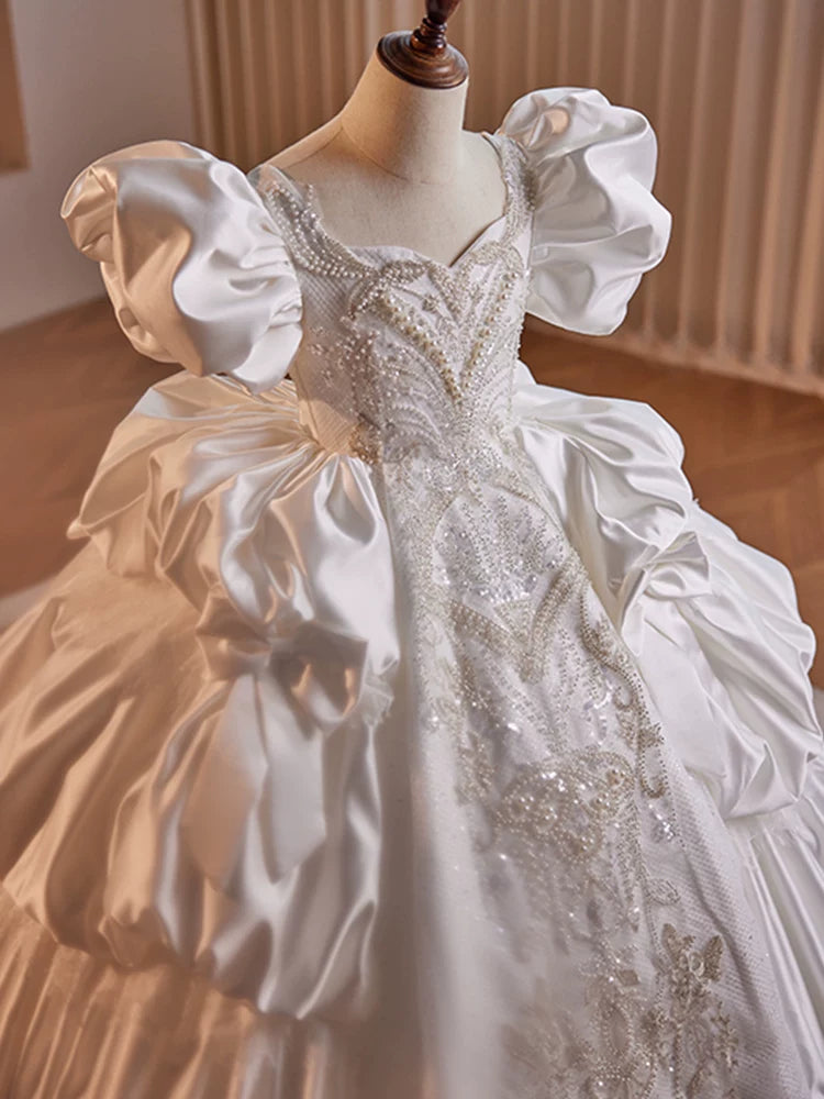 White Satin Tiered Maxi Dress for Girls with Sequins - Party & Formal Gown