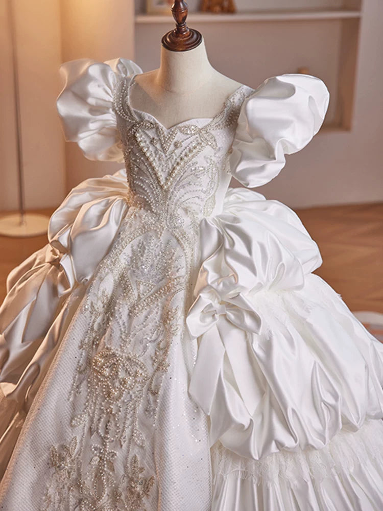 White Satin Tiered Maxi Dress for Girls with Sequins - Party & Formal Gown