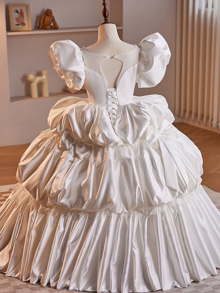 White Satin Tiered Maxi Dress for Girls with Sequins - Party & Formal Gown