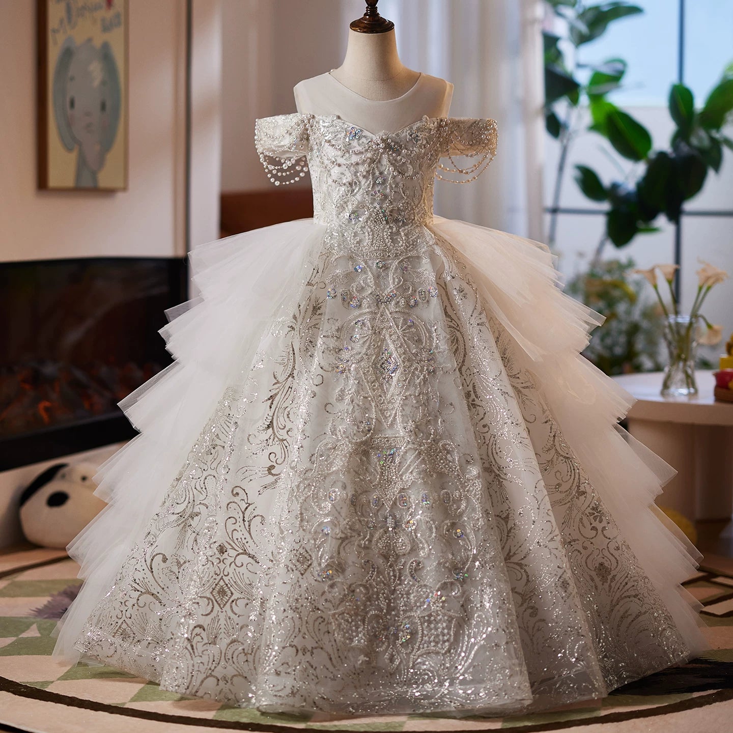 White Sequin Tiered Maxi Princess Dress for Girls | Off-Shoulder Formal Gown