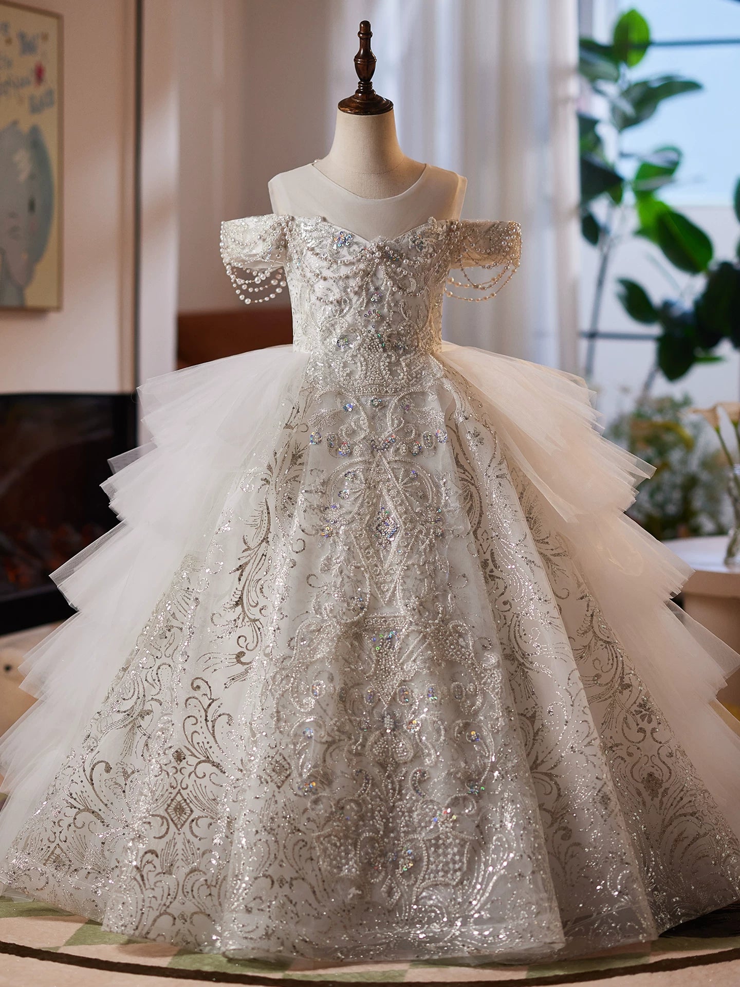 White Sequin Tiered Maxi Princess Dress for Girls | Off-Shoulder Formal Gown