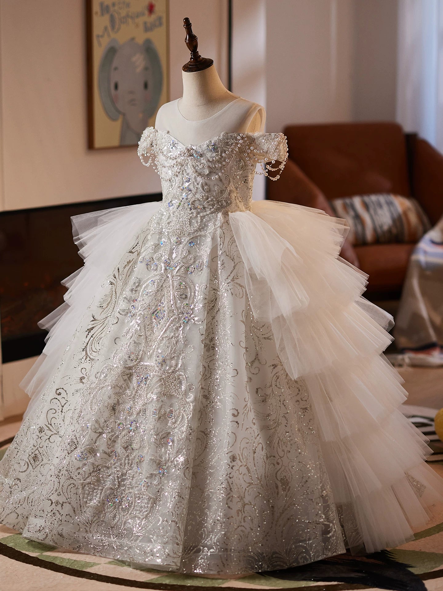 White Sequin Tiered Maxi Princess Dress for Girls | Off-Shoulder Formal Gown