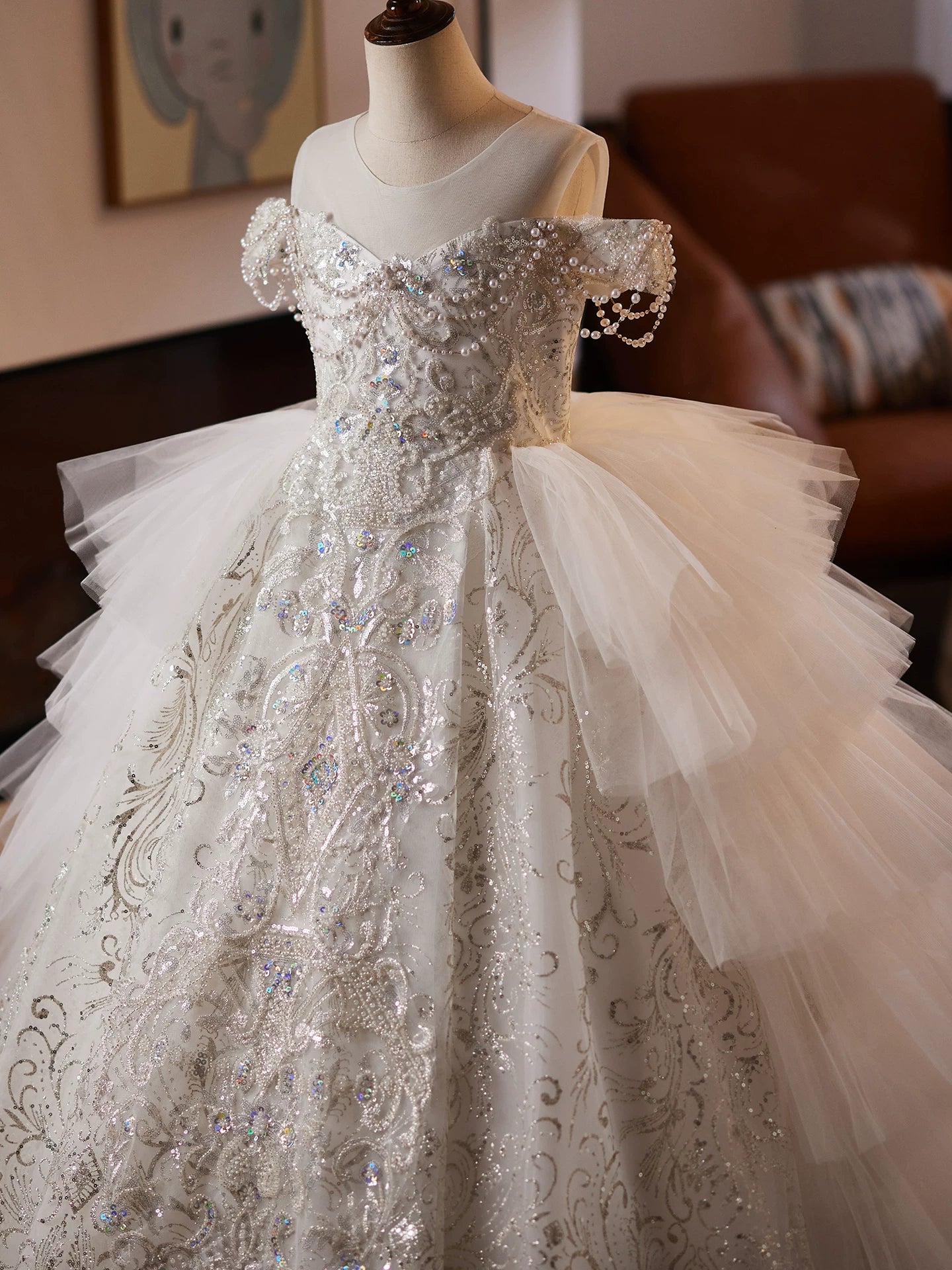 White Sequin Tiered Maxi Princess Dress for Girls | Off-Shoulder Formal Gown