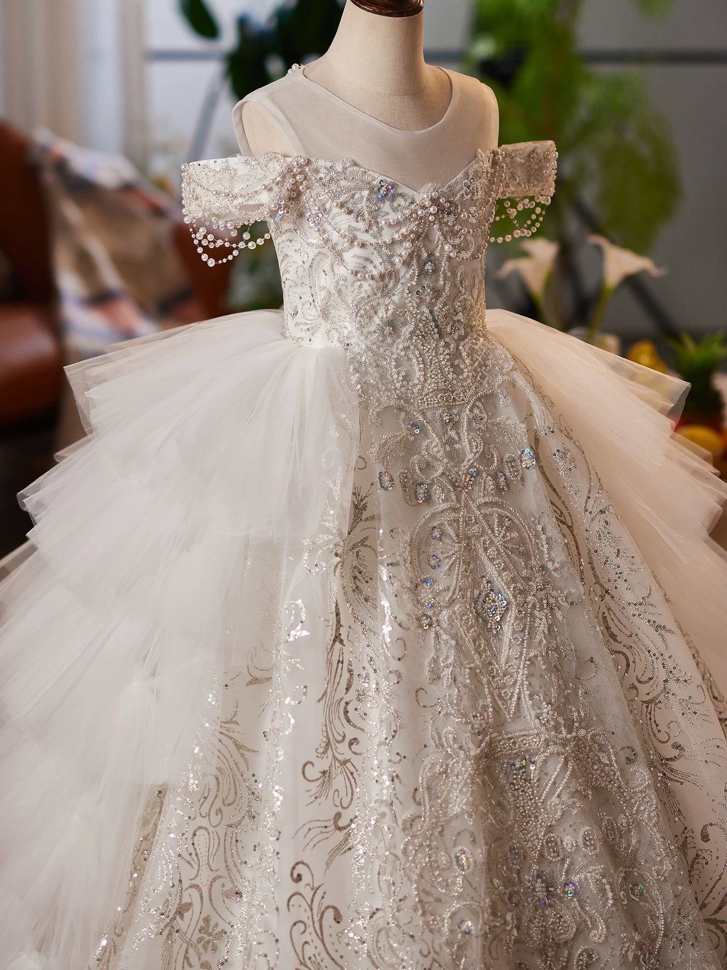 White Sequin Tiered Maxi Princess Dress for Girls | Off-Shoulder Formal Gown