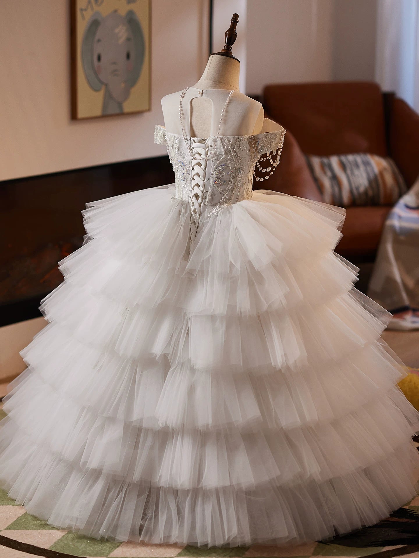 White Sequin Tiered Maxi Princess Dress for Girls | Off-Shoulder Formal Gown