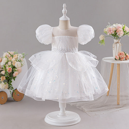 White Sequin Princess Ball Gown Dress for Girls - Puffy Sleeve Flower Girl & Party Gown