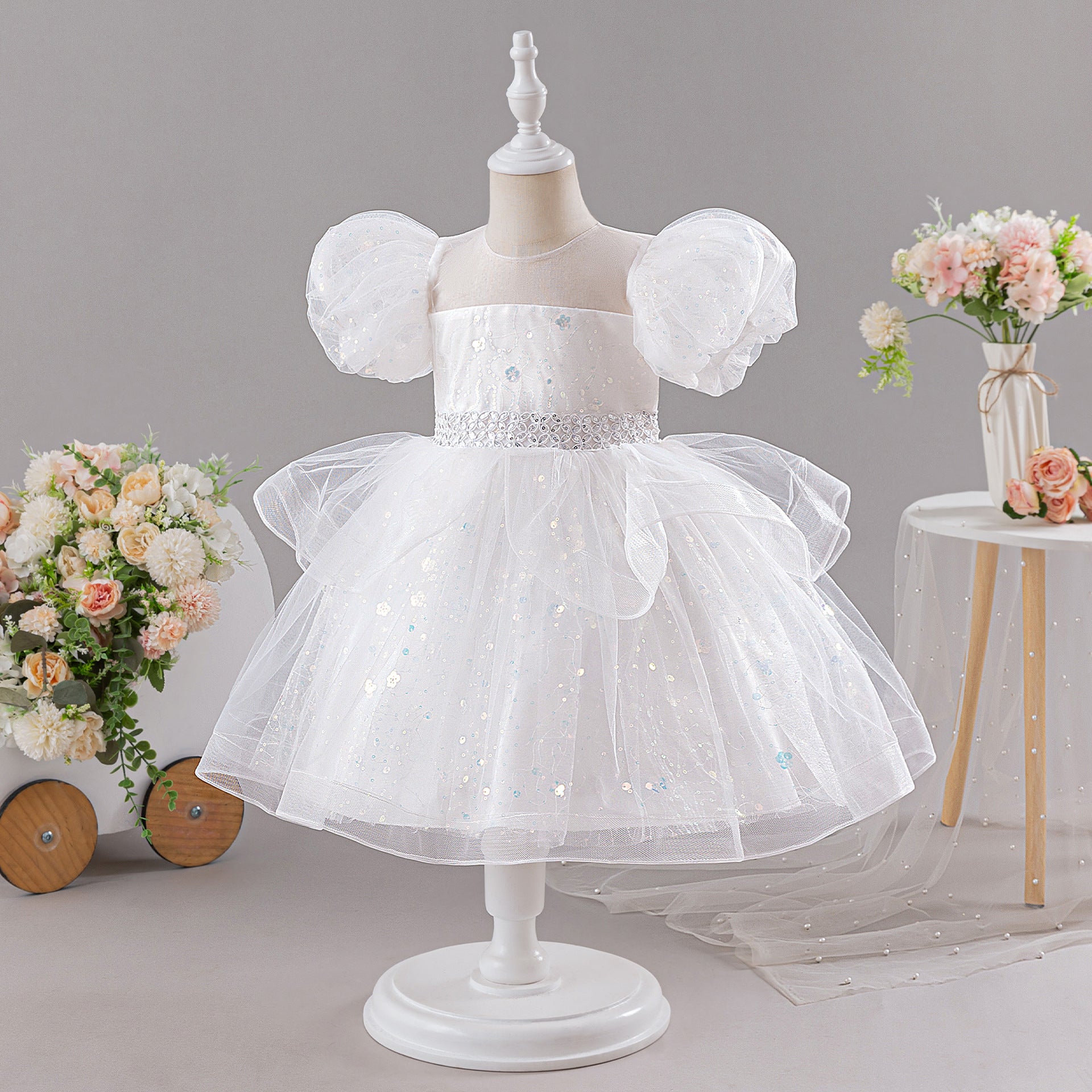 White Sequin Princess Ball Gown Dress for Girls - Puffy Sleeve Flower Girl & Party Gown