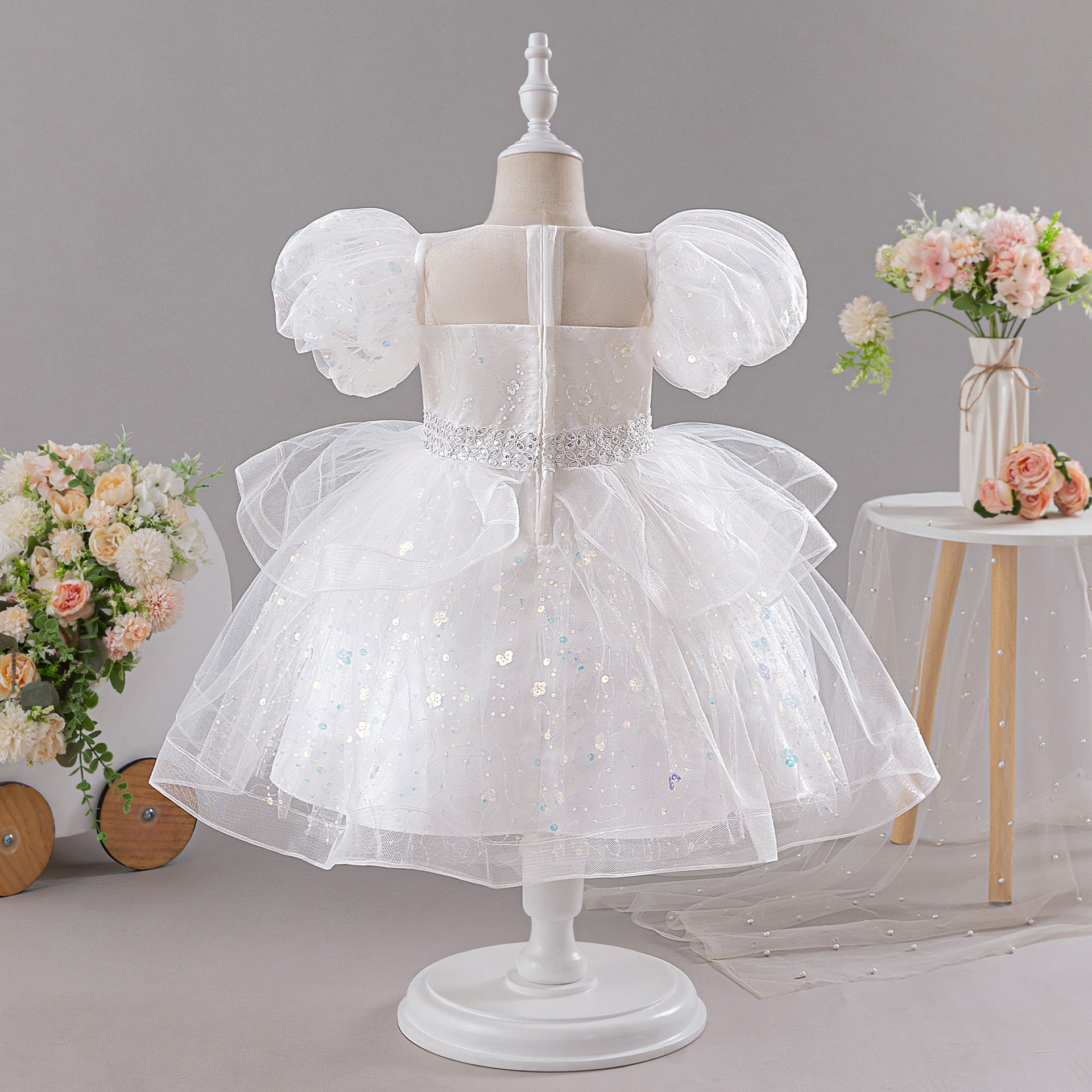 White Sequin Princess Ball Gown Dress for Girls - Puffy Sleeve Flower Girl & Party Gown