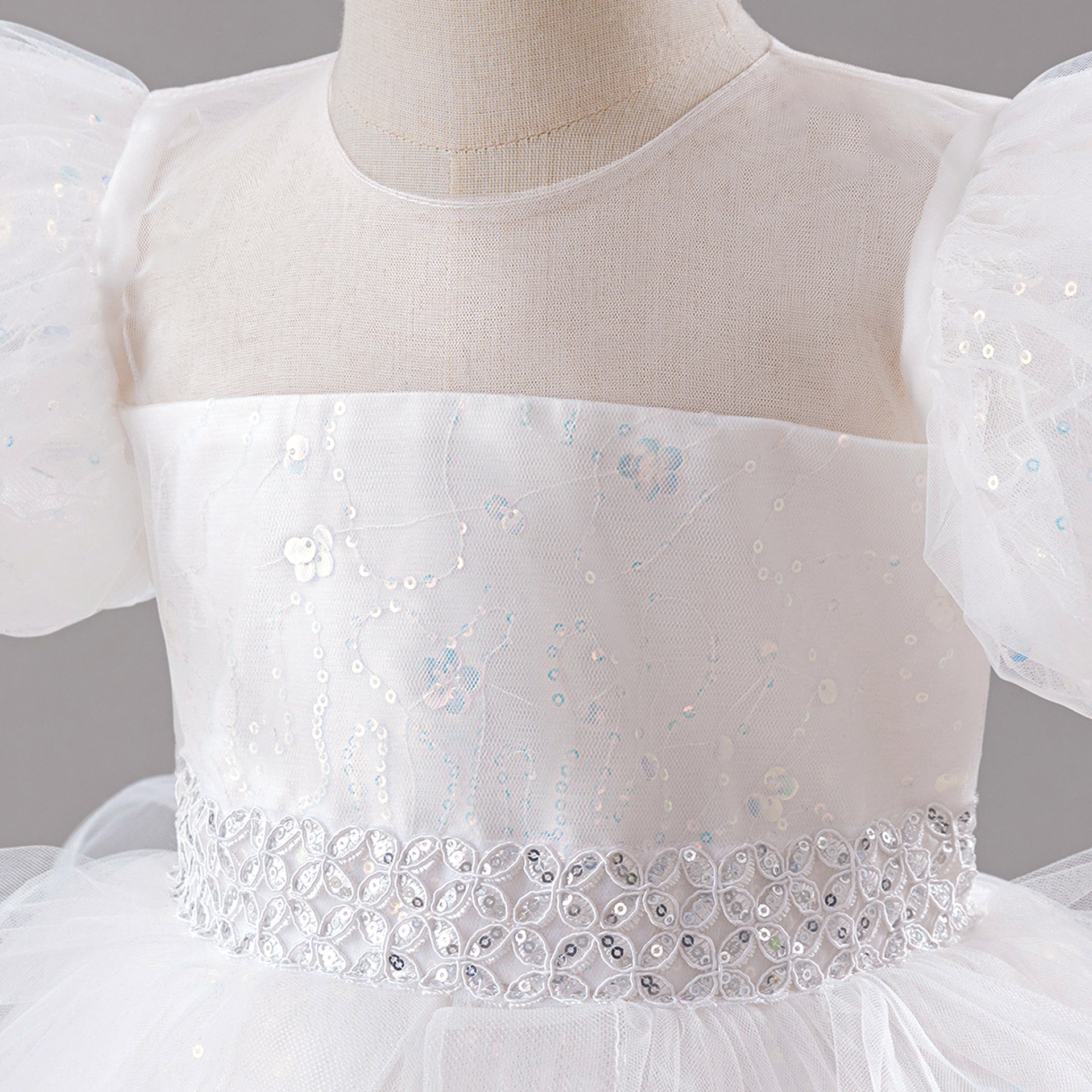 White Sequin Princess Ball Gown Dress for Girls - Puffy Sleeve Flower Girl & Party Gown
