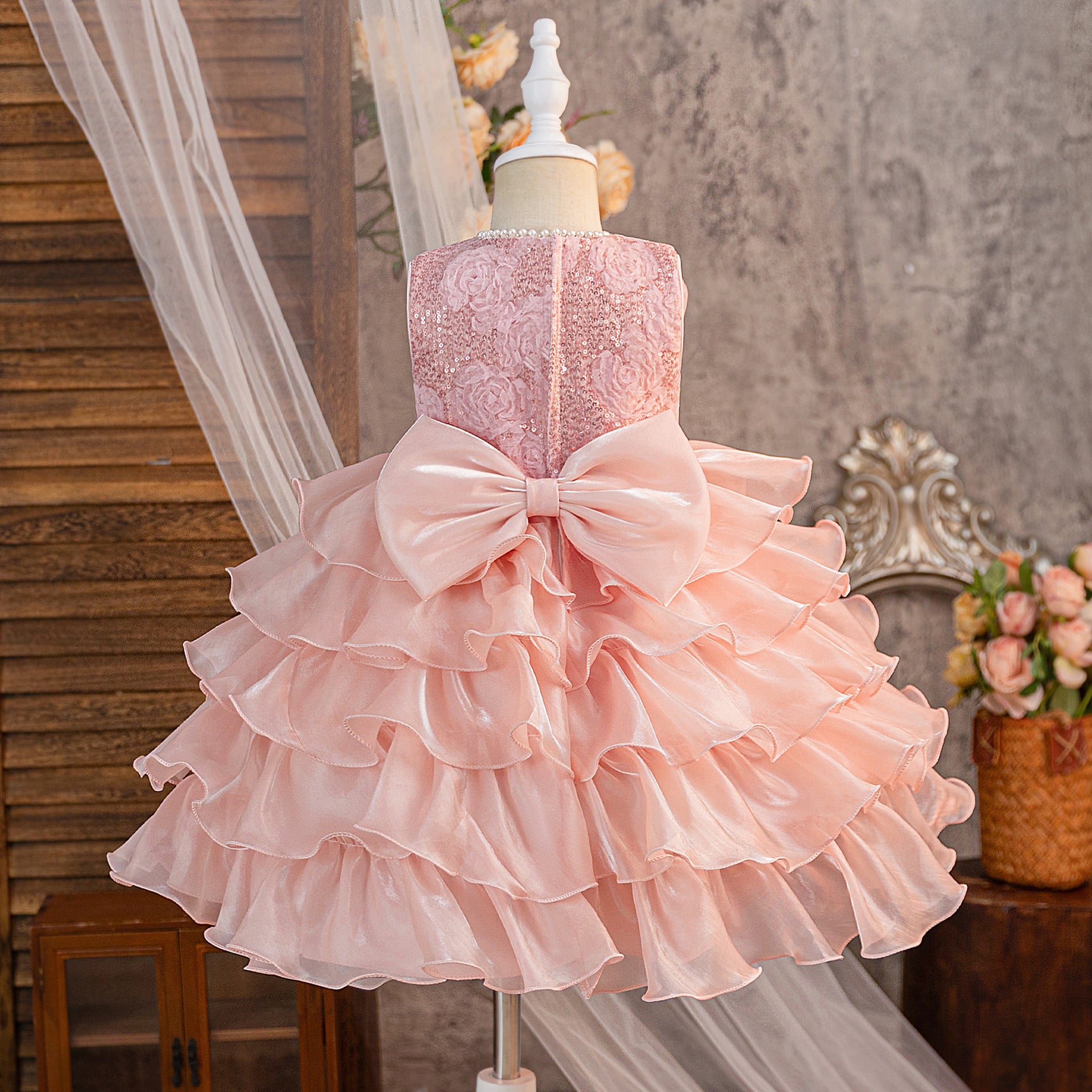 White A-Line Sequin Flower Girl Dress | Tiered Princess Dress for Kids 3-10Y