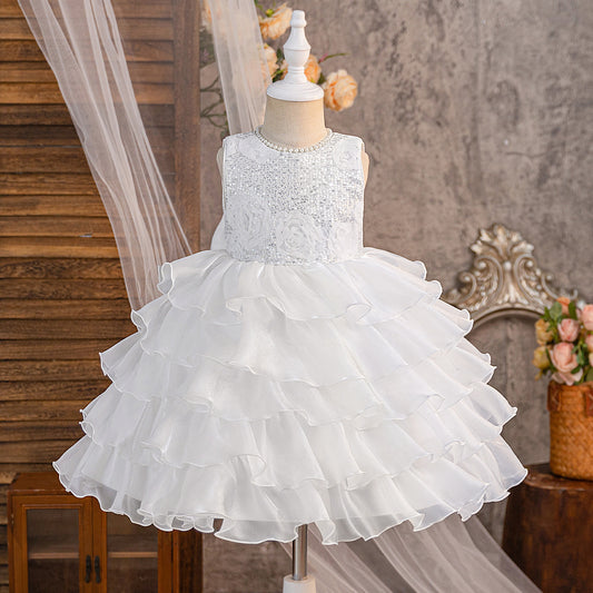 White A-Line Sequin Flower Girl Dress | Tiered Princess Dress for Kids 3-10Y