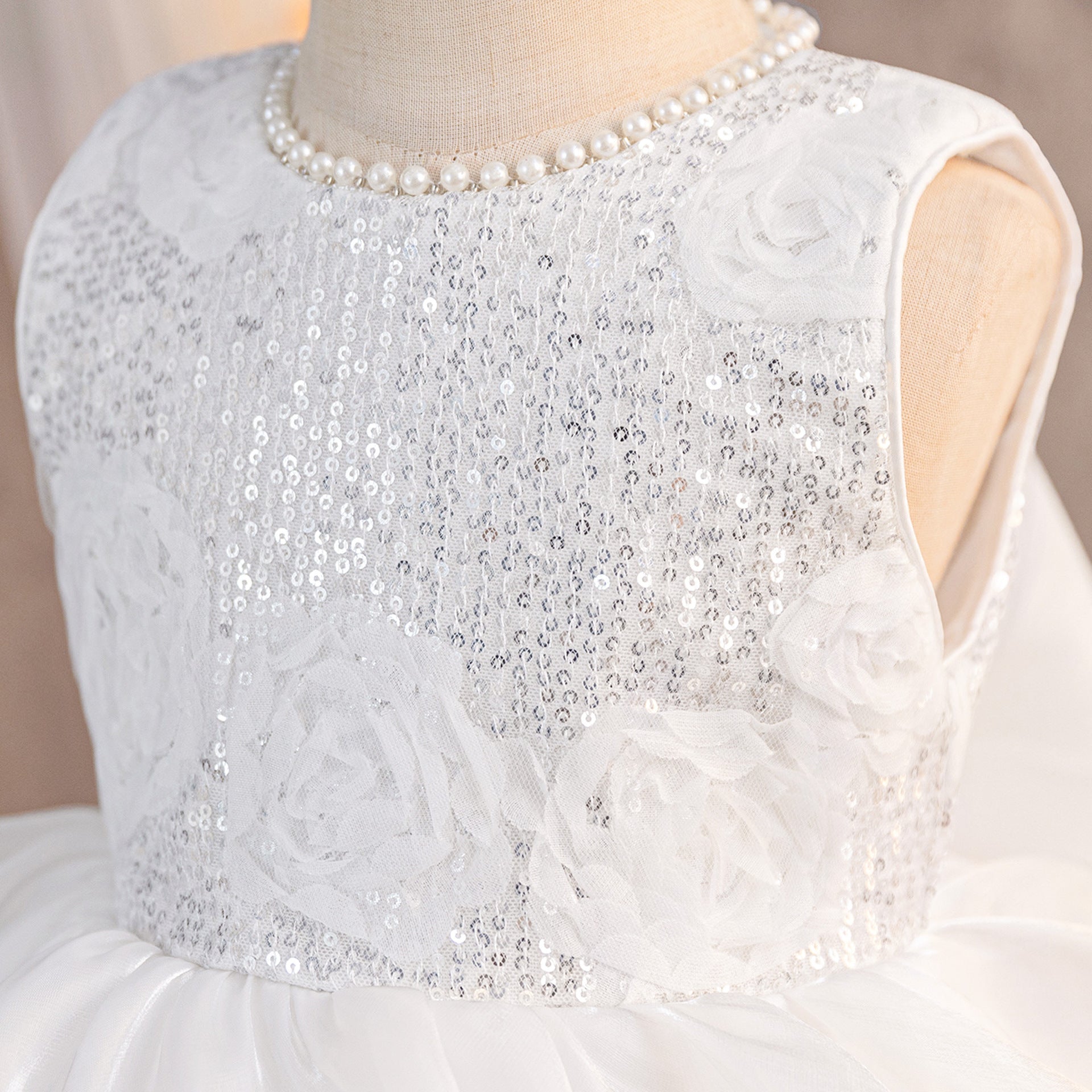 White A-Line Sequin Flower Girl Dress | Tiered Princess Dress for Kids 3-10Y
