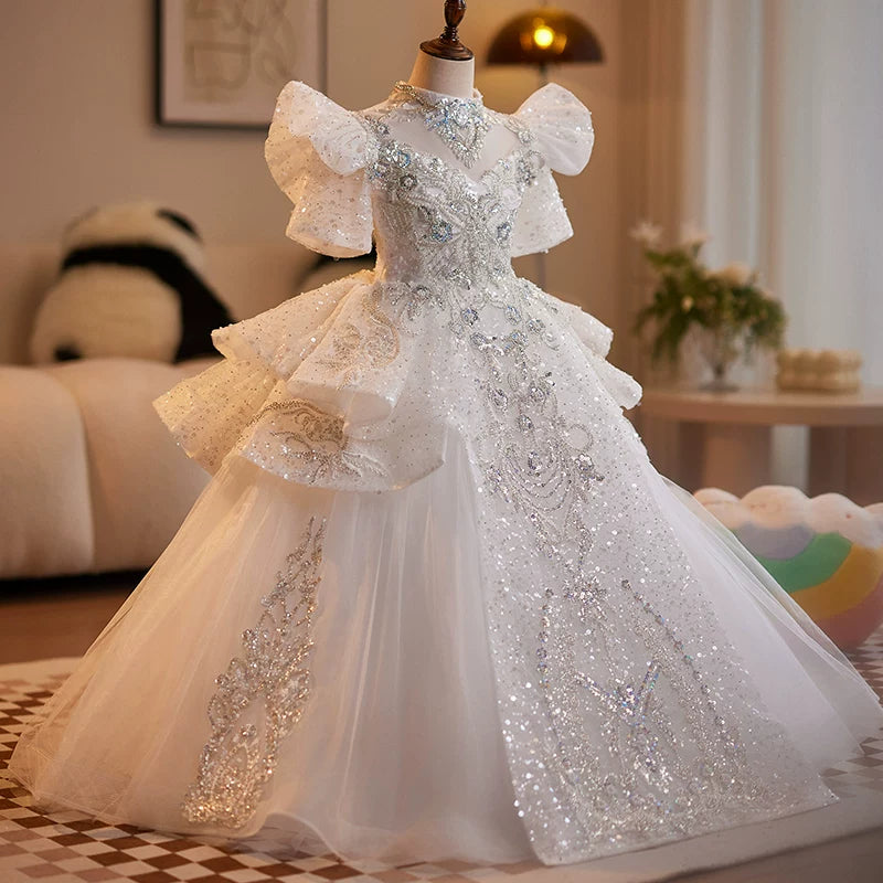 Girls' White A-Line Maxi Princess Dress with Sequins and Tulle