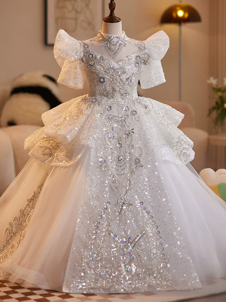 Girls' White A-Line Maxi Princess Dress with Sequins and Tulle