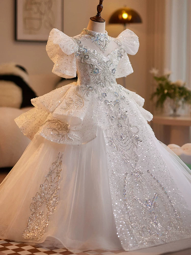 Girls' White A-Line Maxi Princess Dress with Sequins and Tulle