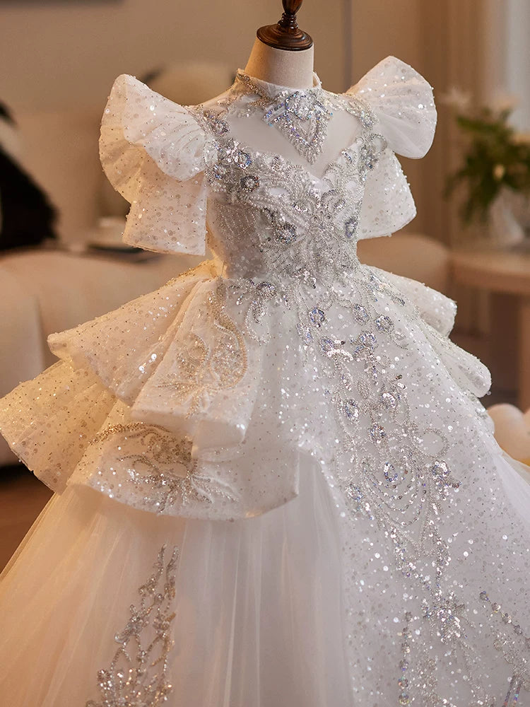 Girls' White A-Line Maxi Princess Dress with Sequins and Tulle